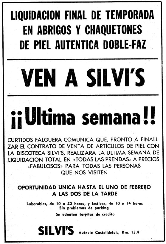 Anunci publicat al diari LA VANGUARDIA per l'empresa CURTIDOS FALGUERA sobre la venda de roba de pell dins de la discoteca Silvi's de Gav Mar (24 de gener de 1981)
